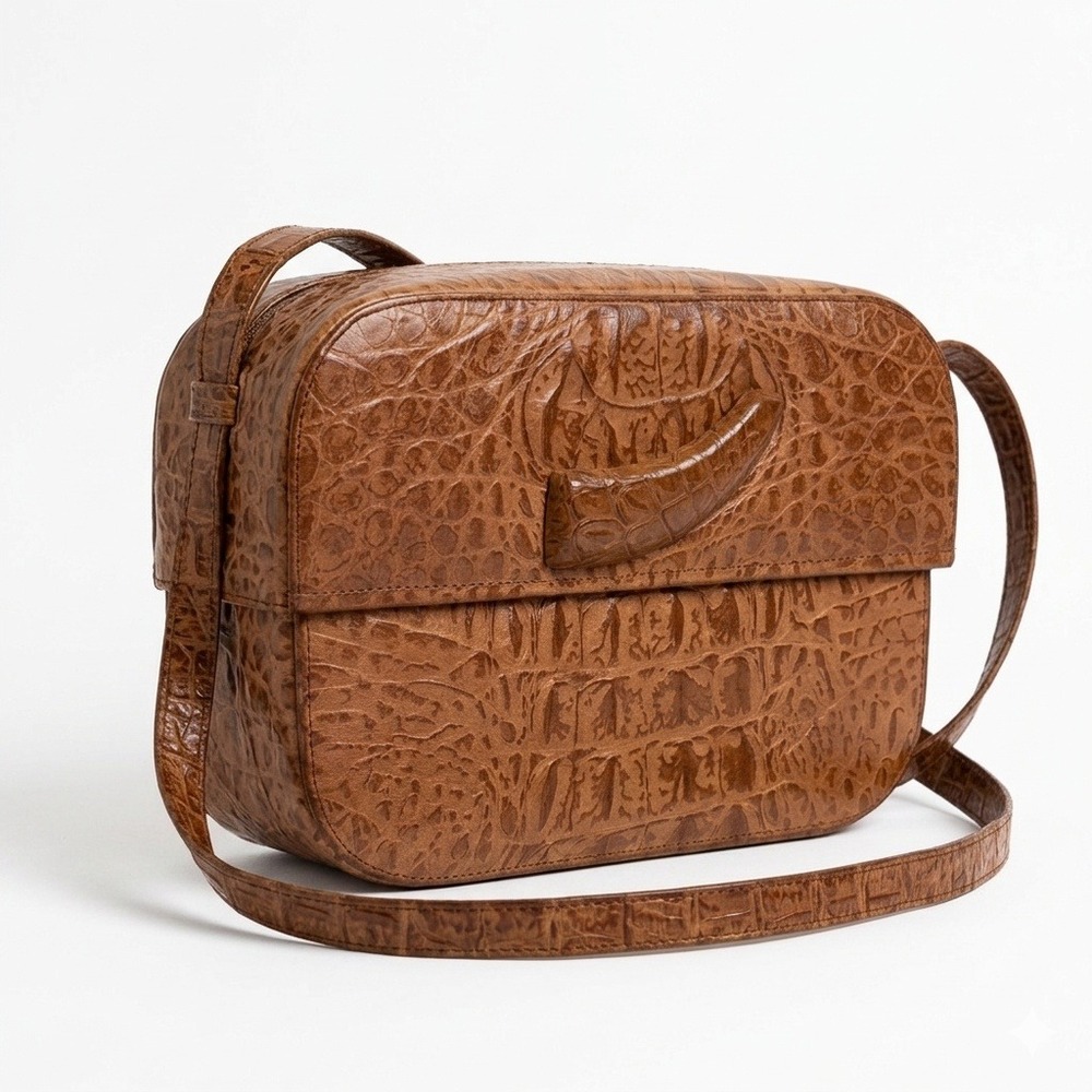 BARBARA BOLAN TOO 1980s Vintage Crocodile Sling Bag Cognac Brown Women Small - Picture 1 of 12